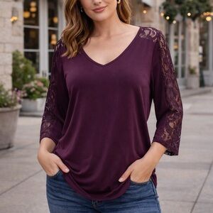 Ivanka Trump Purple Lace‎ Sleeve Blouse Women's Small 3/4 Sleeve V-Neck
